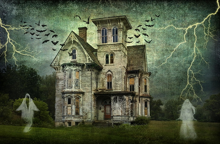 haunted house clip art, castle, cobwebs, ghosts, lightning, birds, HD wallpaper