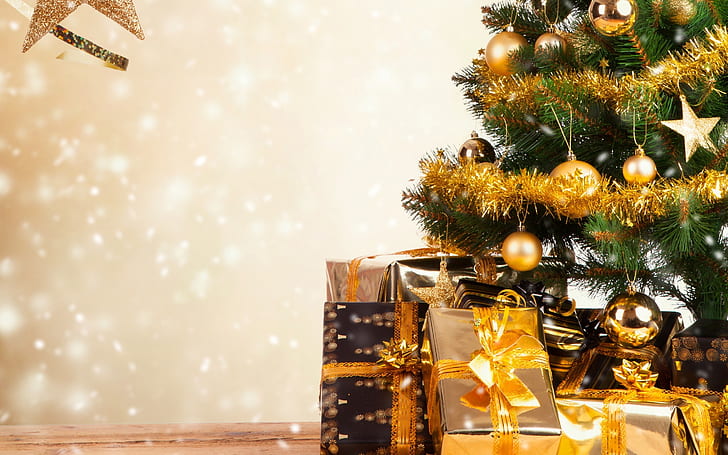 Klar julgran, julpynt, 2015 jul, gåvor, jordklot, HD tapet