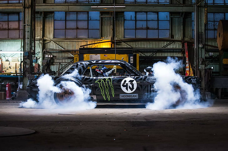 Auto, Ken Block, Ford Mustang, Fumo, muscle car coup nero, auto, blocco ken, Ford Mustang, fumo, Sfondo HD