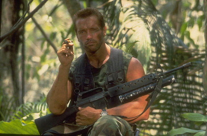 Arnold Scharzenneger, watch, man, machine, cigar, Actor, Predator, Arnold Schwarzenegger, Producer, Director, HD wallpaper