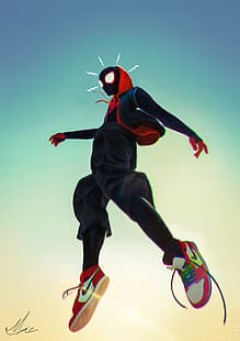 Mizuri AU, Майлс Моралес, Спайдърмен Майлс Моралес, Marvel Comics, Marvel Super Heroes, костюми, черен костюм, яке, маратонки, паяк, филми, изкуство за видеоигри, цифрово изкуство, илюстрация, Spider-Man: Into the Spider-Verse, HD тапет HD wallpaper