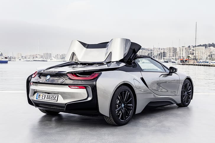 roof, the sky, the city, grey, BMW, Parking, Roadster, hybrid, transformation, 2018, i8, i8 Roadster, convertible top, HD wallpaper