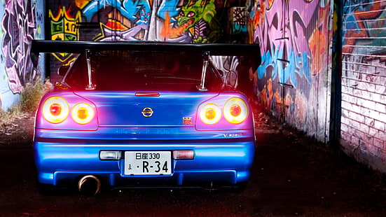 สีน้ำเงิน, กราฟฟิตี, ไฟ, Nissan, Skyline, R34, วอลล์เปเปอร์ HD HD wallpaper