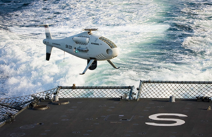 sky, sea, camera, wave, UAV, drone, kumo, unmanned aerial vehicle, Shiebel, Austrian unmanned aerial vehicle, MOAS, Company Schiebel, Schiebel Camcopter S-100, helicopter design, helices, heliport, HD wallpaper