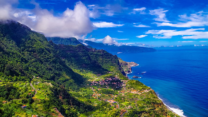 madeira, portugal, iseland, mountains, sea, blue, green, summer, europe, travel, holiday, sky, cloud, HD wallpaper
