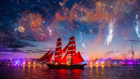 Scarlet Sails, ship, St. Petersburg, HD wallpaper HD wallpaper