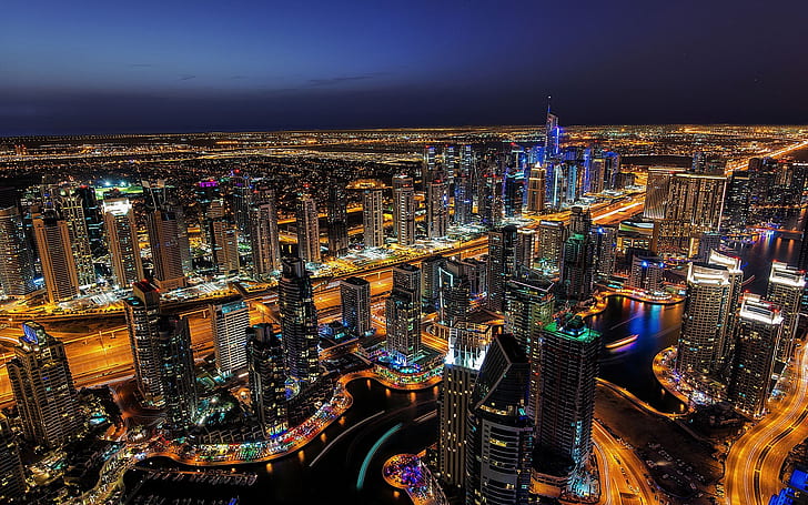 Дубай, нощни светлини, небостъргачи, град, Дубай, нощ, светлини, небостъргачи, град, HD тапет