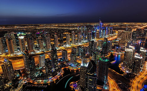 두바이, 야간 조명, 고층 빌딩, 도시, 두바이, 밤, 조명, 고층 빌딩, 도시, HD 배경 화면 HD wallpaper