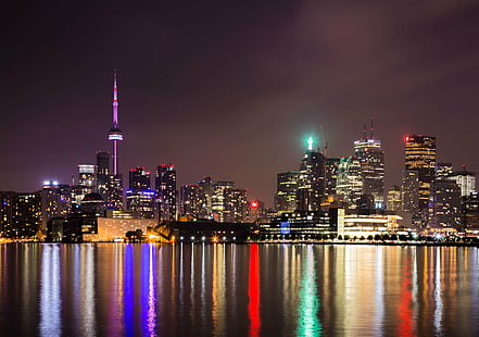 panoramic photography of city skyline at night, Purple Haze, panoramic photography, city, skyline, at night, Toronto, Trail, LongExposure, Architecture, Downtown, Lights, urban Skyline, cityscape, night, skyscraper, famous Place, downtown District, urban Scene, reflection, tower, building Exterior, built Structure, sky, river, dusk, modern, office Building, asia, HD wallpaper HD wallpaper