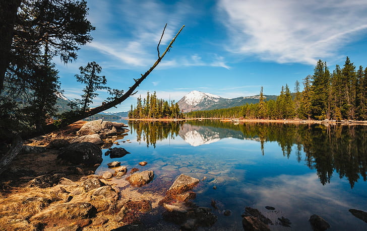 photography, nature, landscape, lake, snowy peak, forest, reflection, calm, Washington state, HD wallpaper