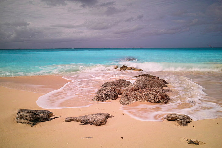 mer bleue, nature, photographie, paysage, plage, mer, rochers, sable, Eden, île, tropical, Caraïbes, Turks & Caicos, Fond d'écran HD
