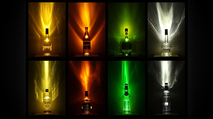 четири разноцветни светодиодни цвята, бутилки, уиски, скоч, бар, цветни, алкохол, HD тапет