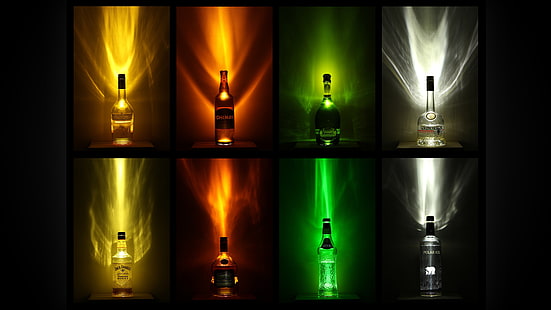 four assorted-LED light colors, bottles, whiskey, Scotch, bar, colorful, alcohol, HD wallpaper HD wallpaper