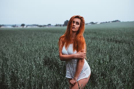  field, grass, nature, pose, model, makeup, Mike, figure, hairstyle, is, redhead, in white, bokeh, Ginger, Reinhard Fuerst Berger, HD wallpaper HD wallpaper