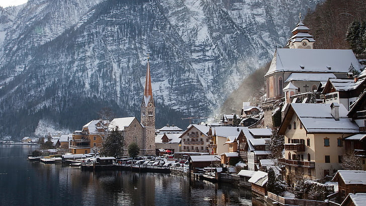 winter, snow, mountain, town, lake, alps, mountain village, sky, village, freezing, hallstatt, salzkammergut, austria, europe, HD wallpaper