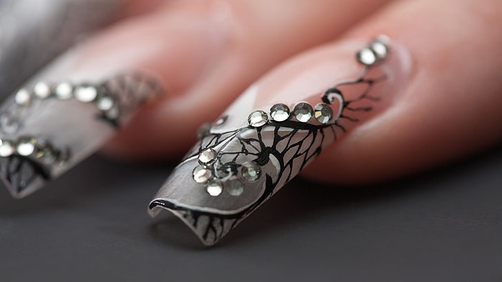 black nail polish, nails, painted, design, logo, fingers, HD wallpaper