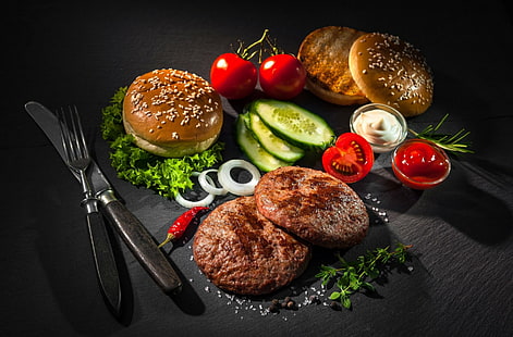 Cibo, hamburger, pane, carne, natura morta, verdura, Sfondo HD HD wallpaper