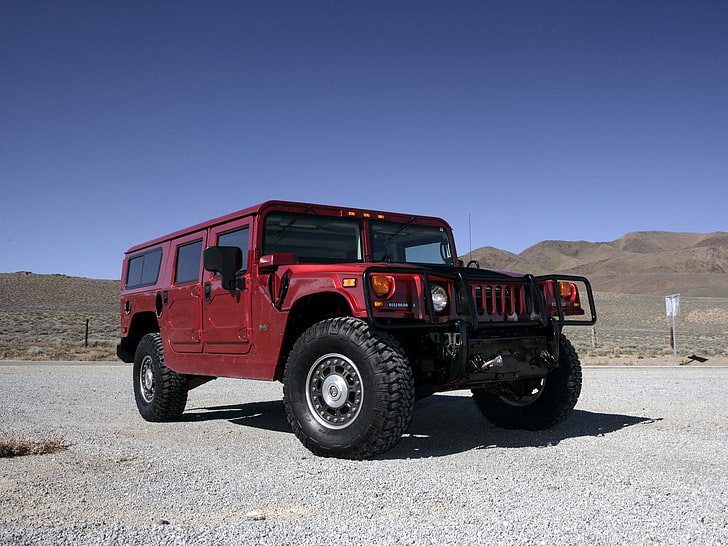 red Jeep Wrangler, the sky, red, hills, hammer, Hamer, the front, hummer, offroad, wagon, suv, alpha, jeep.SUV, HD wallpaper