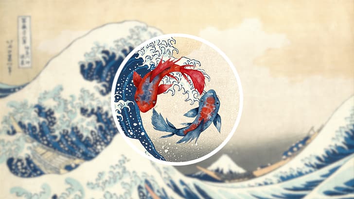 Голямата вълна от Канагава, вълни, кой, риба, дигитално изкуство, произведения на изкуството, японски, Канагава, HD тапет