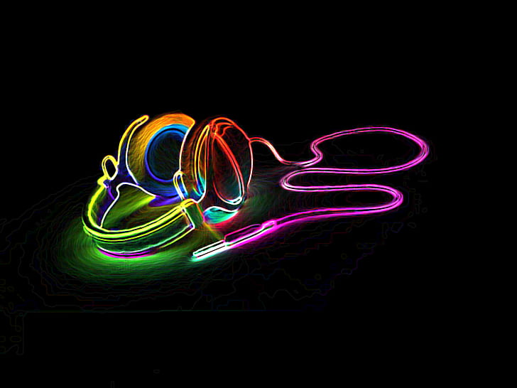 Cuffie HD, illustrazione cuffia con filo illuminata al neon, musica, cuffie, Sfondo HD