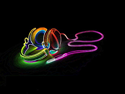 Fones de ouvido HD, ilustração de fone de ouvido com fio iluminado de néon, música, fones de ouvido, HD papel de parede HD wallpaper