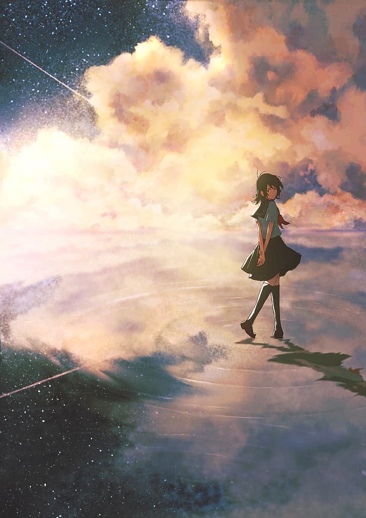 Oka Kojiro, illustration, anime girls, women, school uniform, vertical, knee-highs, reflection, water, clouds, sky, stars, starred sky, looking back, waves, pleated skirt, HD wallpaper