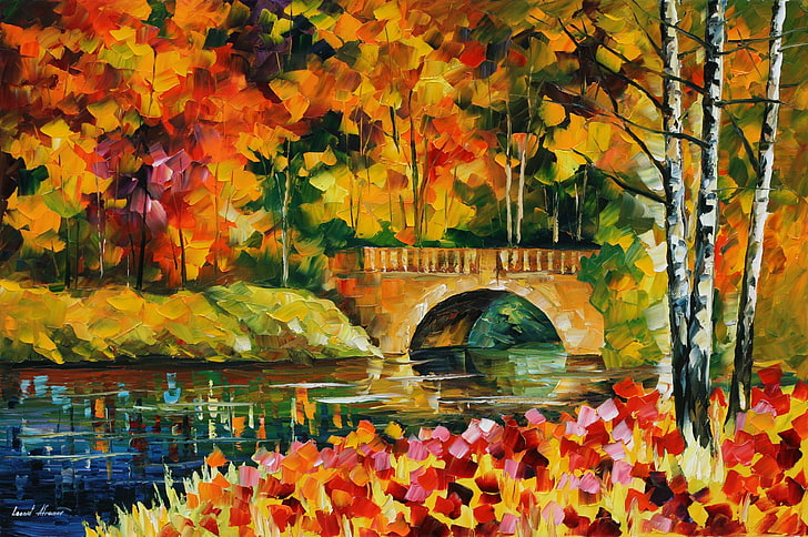 pintura da ponte, outono, folhas, água, árvores, ponte, rio, pintura, Leonid Afremov, HD papel de parede