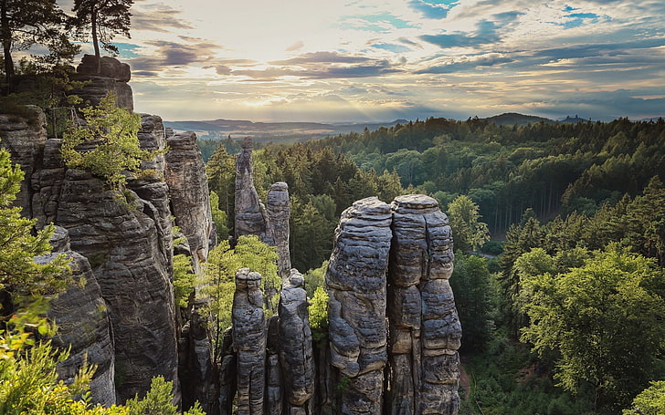 nature, landscape, sunset, rock formation, forest, clouds, sky, hills, trees, Czech Republic, HD wallpaper