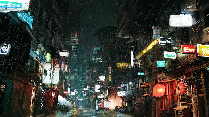 บ้านริมถนนในญี่ปุ่น, cyberpunk, ฝน, ไฟ, เมือง, ถนน, โฆษณา, วอลล์เปเปอร์ HD