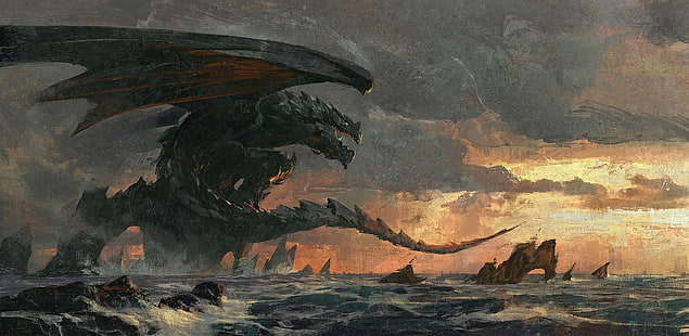 arte de fantasía, dragón, criatura, mar, fantasía oscura, obra de arte, Fondo de pantalla HD HD wallpaper