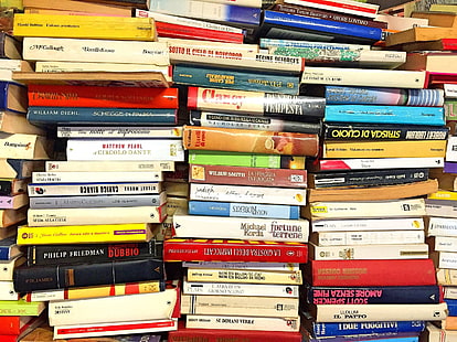associazioni, pila di libri, libri, letteratura, lettura, colonna vertebrale, pila, studio, Sfondo HD HD wallpaper