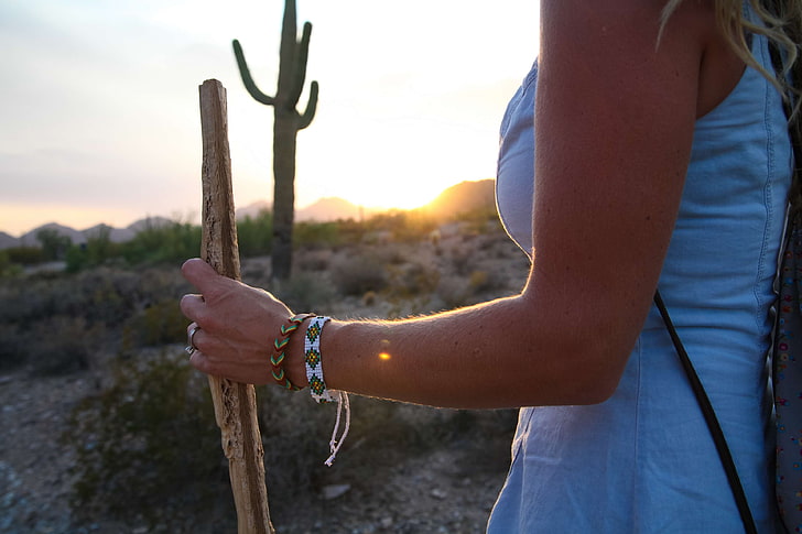 adventure, arm, bracelet, cactus, desert, golden, lady, outdoor, outdoors, outside, person, sunrise, sunset, trekk, walking stick, woman, HD wallpaper