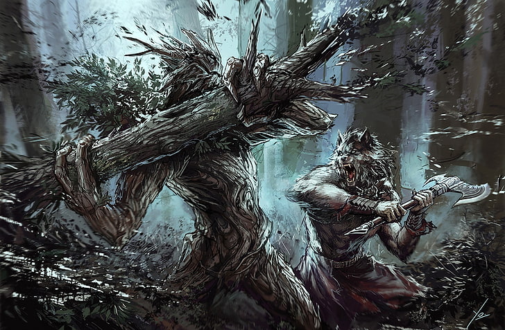 lukisan pohon dan serigala, karya seni, seni fantasi, es, manusia serigala, Wallpaper HD