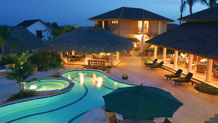 resort, bayahibe, piscine, république dominicaine, loisirs, villa, vacances, éclairage, hôtel, caraïbes, tropiques, tourisme, Fond d'écran HD