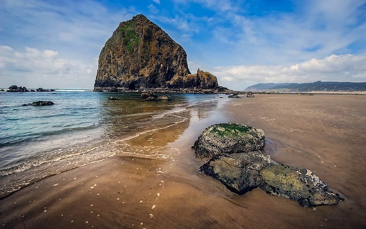 회색 돌 섬, 바다, 해변, 돌, 아름답게, HD 배경 화면