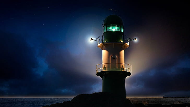 tower, lighthouse, beacon, evening, sea, night, darkness, HD wallpaper