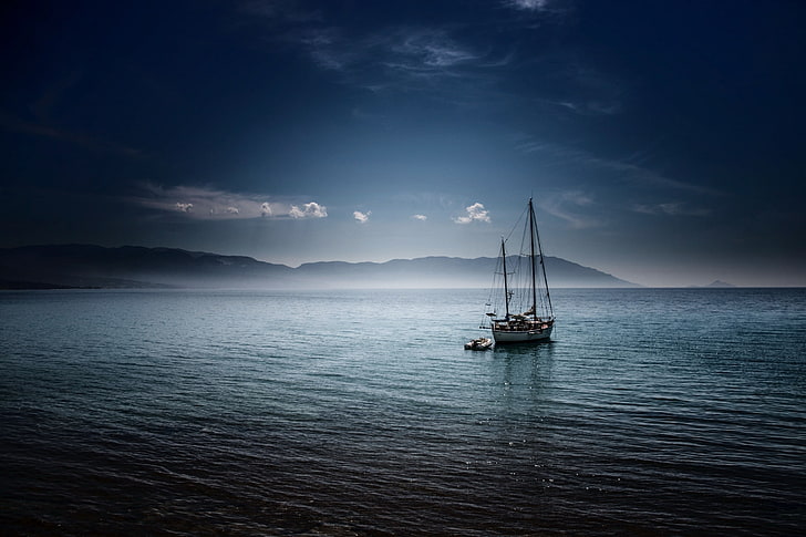 voilier blanc, voilier, Grèce, baie de Limnionas, Samos, Fond d'écran HD