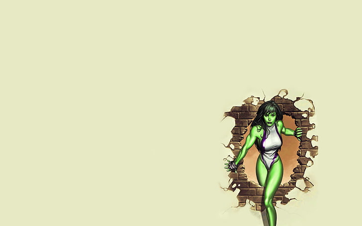 She-Hulk тапет, момиче, стена, минимализъм, тухла, дупка, зелен, Хълк, чудо, комикс, She-Hulk, съпруга на Хълк, HD тапет