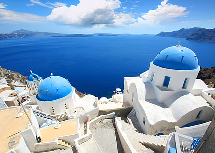 бяла и синя бетонна къща, море, пейзаж, природа, дом, Санторини, Гърция, HD тапет HD wallpaper