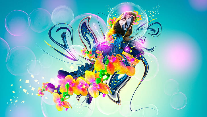 Flowers, Bird, Style, Parrot, Fantasy, Art, Photoshop, Plastic, Neon, 2014, Colorful, Fly, Tony Kokhan, Multicolors, s, el Creative, HD wallpaper