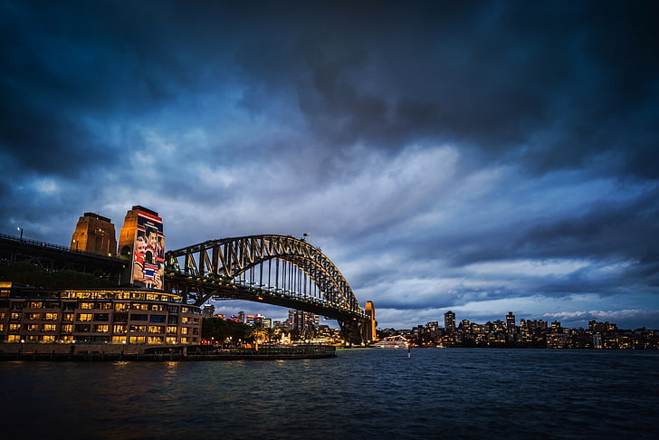 جسر ميناء سيدني ، أستراليا ، سيدني ، أستراليا ، جسر ميناء سيدني ، الجسر ، الحياة الليلية في المدينة، خلفية HD