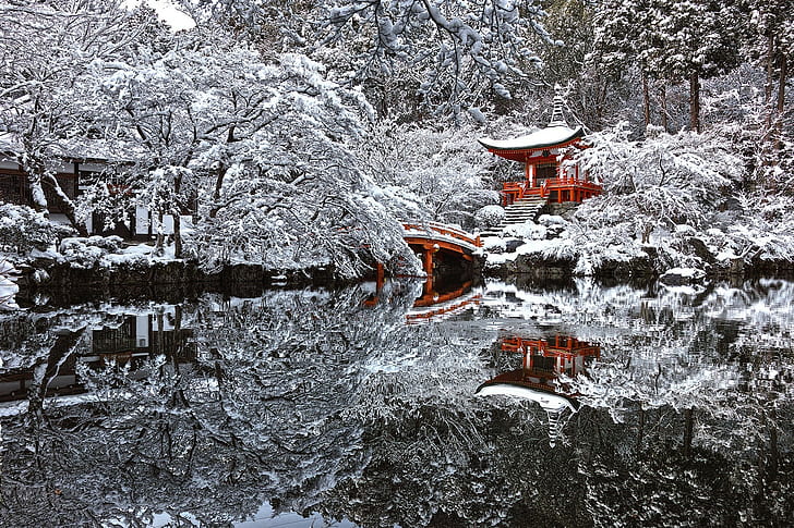 japão inverno pagode neve lagoa água reflexão árvores asian arquitetura arquitetura natureza paisagem ponte, HD papel de parede