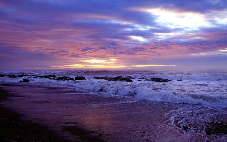 Côte, plage, rochers, mer, vagues, coucher de soleil, Côte, plage, rochers, mer, vagues, coucher de soleil, Fond d'écran HD