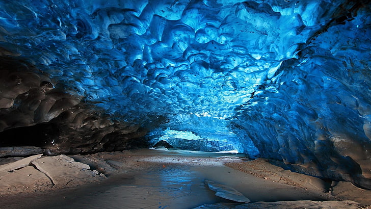 кафява пещера, лед, ледници, природа, пейзаж, пещера, циан, синьо, HD тапет