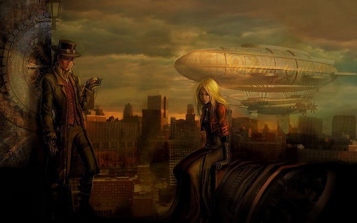 Steampunk, Fantasy-Kunst, Luftschiffe, Männer, Frauen, HD-Hintergrundbild
