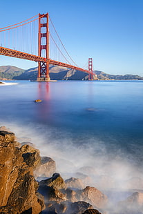 niebieskie jezioro z mostem na górze, ponadczasowe, niebieskie jezioro, na górze, Bay Area, Kalifornia, Kalifornia, Golden Gate Bridge, LE, Ameryka Północna, Ocean Spokojny, San Francisco, Świat, miasto-most, pejzaż miejski, złoty świt, złota godzina, długa ekspozycja, morze oceanu, wschód słońca, miasto, woda, Stany Zjednoczone, USA, słynne miejsce, hrabstwo san Francisco, uSA, most - konstrukcja stworzona przez człowieka, architektura, most wiszący, morze, san Francisco - Kalifornia, podróże, Tapety HD HD wallpaper
