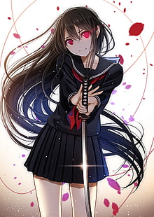 anime, anime girls, spada, uniforme, Sfondo HD HD wallpaper
