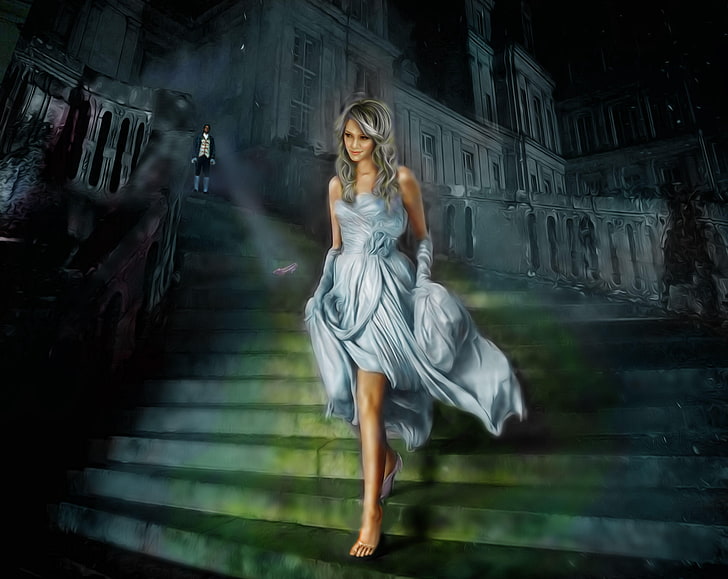 Cinderella animated wallpaper, digital art, fantasy art, fairy tale, women, Cinderella, princess, dress, high heels, castle, men, staircase, dark, night, HD wallpaper