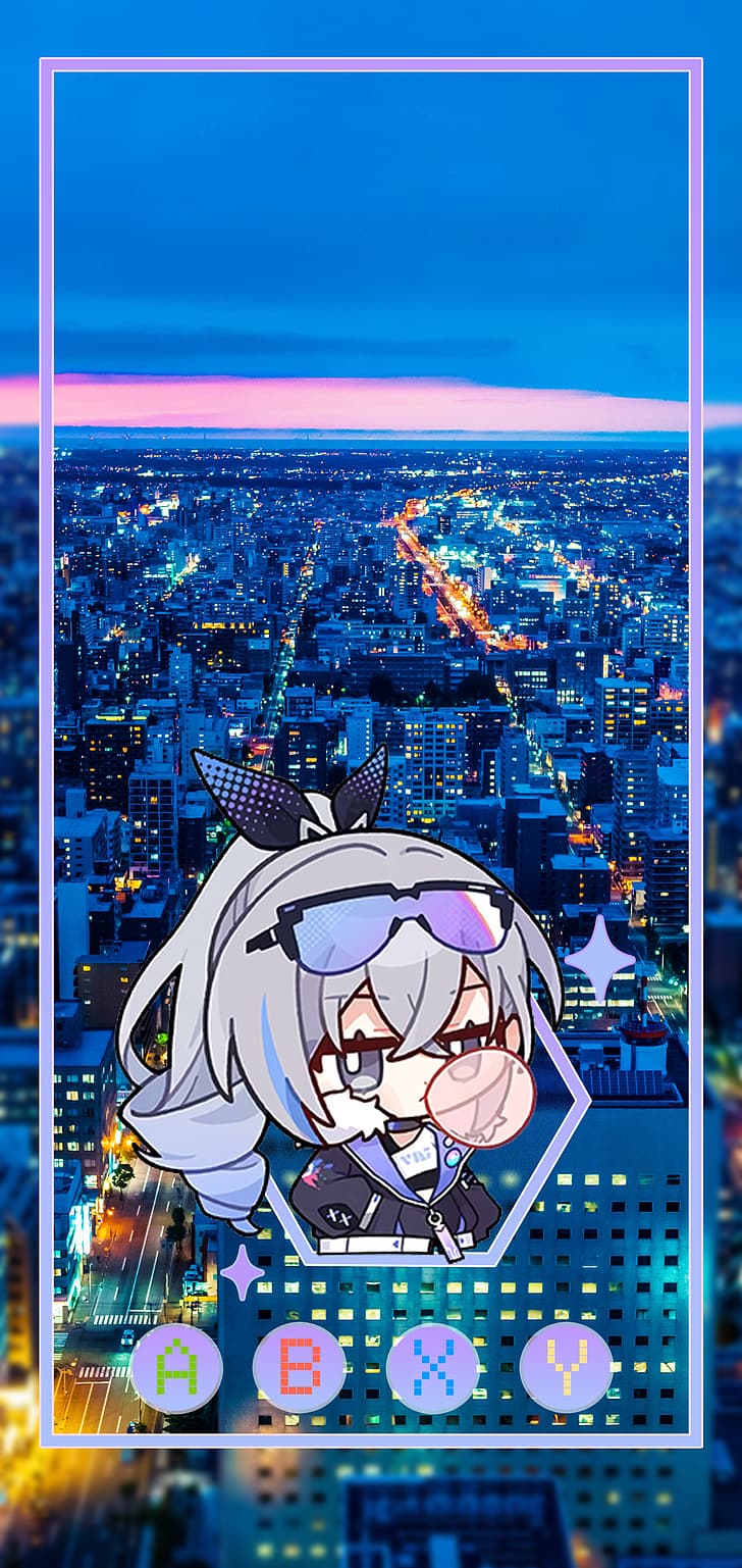Bild-in-Bild, Anime-Mädchen, Stadt, Nacht, Stadt, Bronya Zaychik, Honkai: Star Rail, HD-Hintergrundbild, Handy-Hintergrundbild