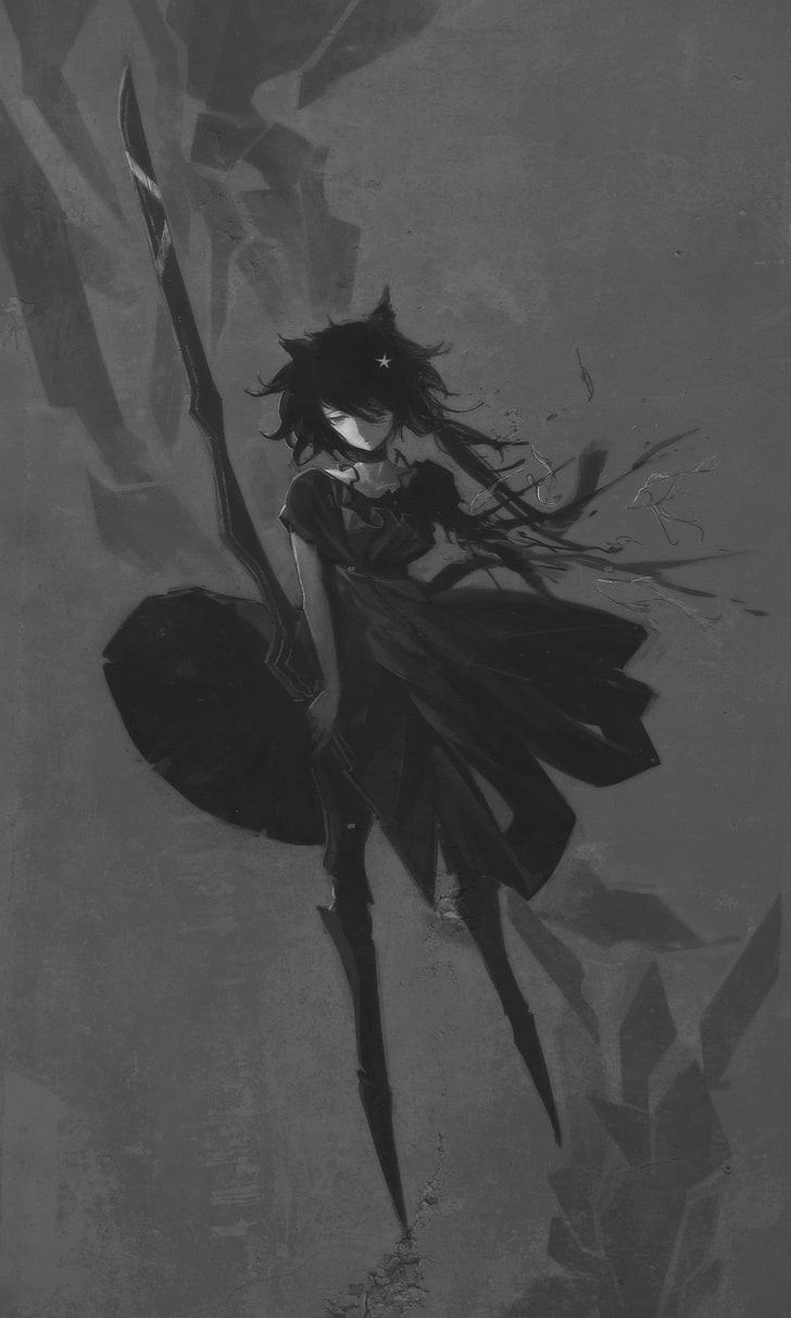 black haired female anime character illustration, monochrome, black dress, HD wallpaper